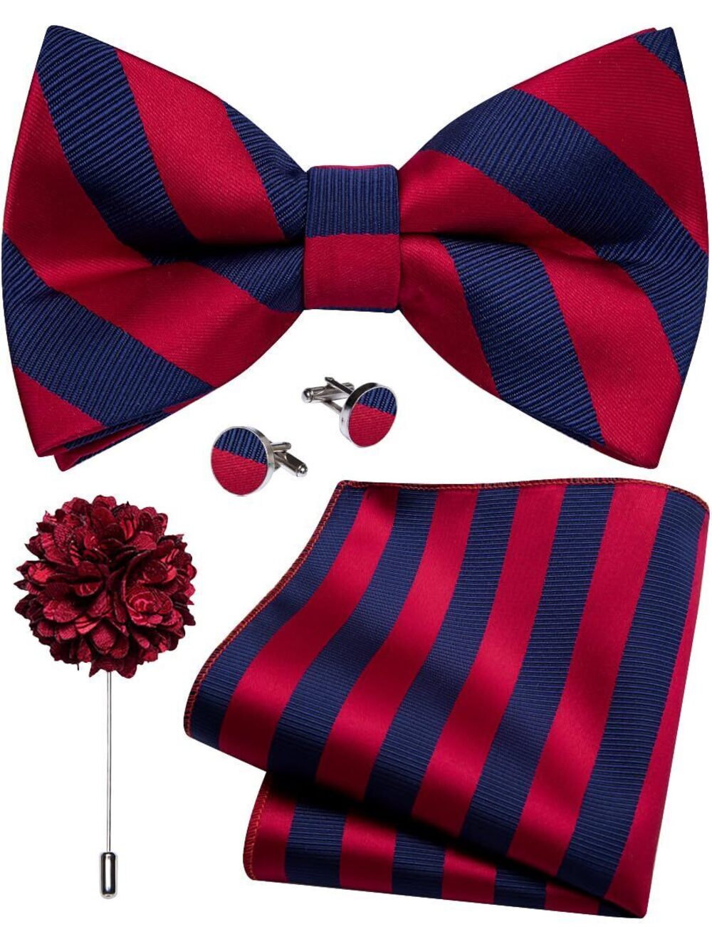 3793 Blue Red Bow Tie Striped Pre-tied Tuxedo Bowties Pocket Square